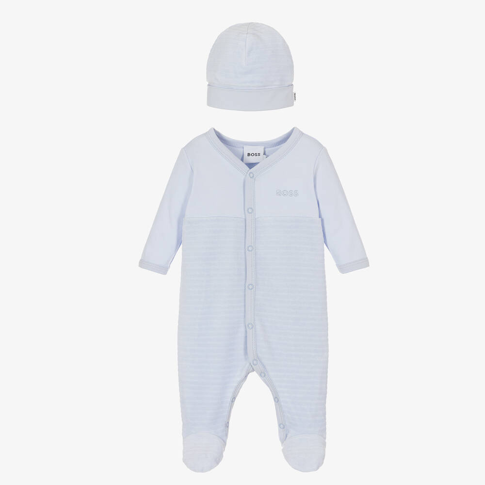 BOSS -  أفرول وقبعة قطن عضوي لون أزرق للمواليد | Childrensalon
