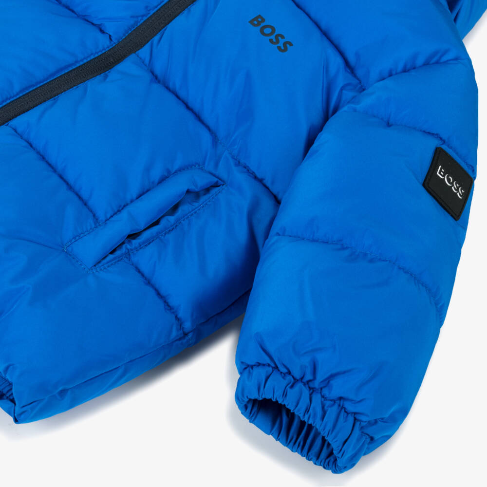 BOSS-Boys Blue Quilted Hooded Jacket | Childrensalon Outlet
