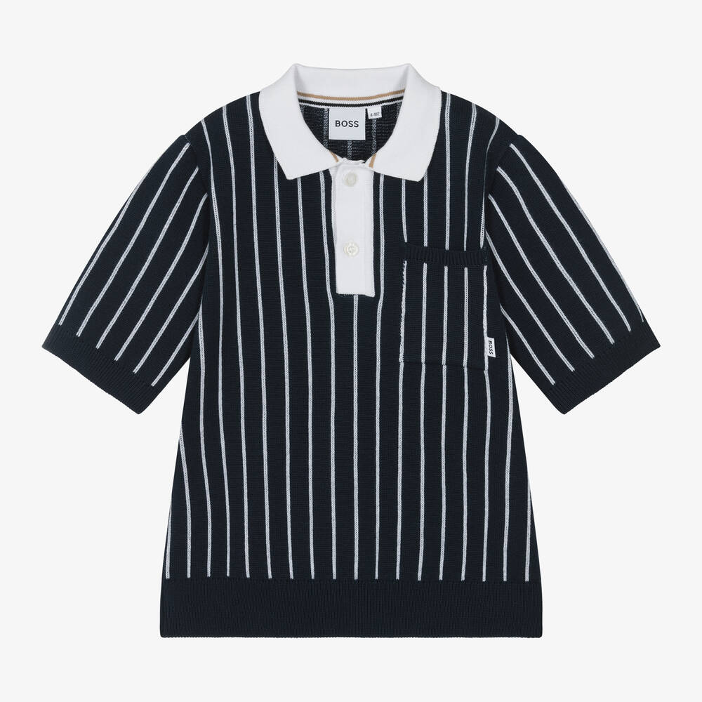 BOSS-Boys Blue Striped Cotton Knit Polo Shirt | Childrensalon Outlet