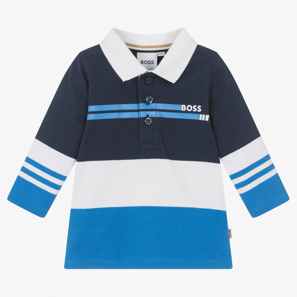 BOSS - Boys Blue Striped Polo Shirt | Childrensalon