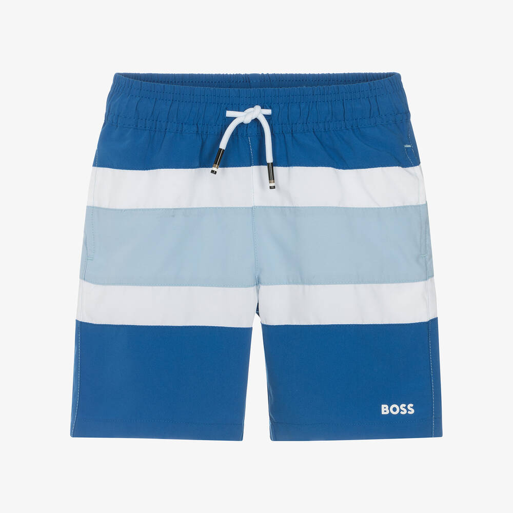BOSS- Boys Blue Striped Swim Shorts | Childrensalon Outlet
