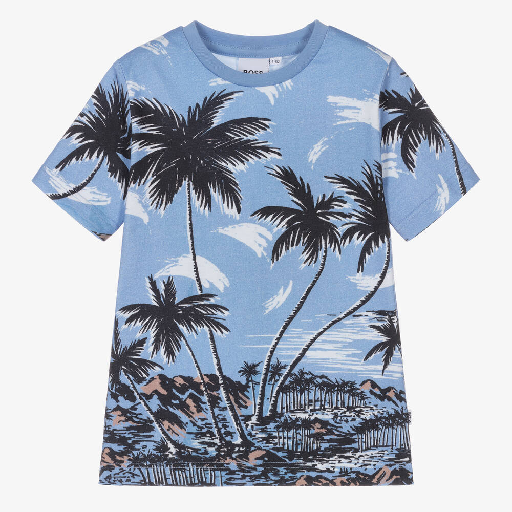 BOSS - Boys Blue Tropical Print Cotton T-Shirt | Childrensalon