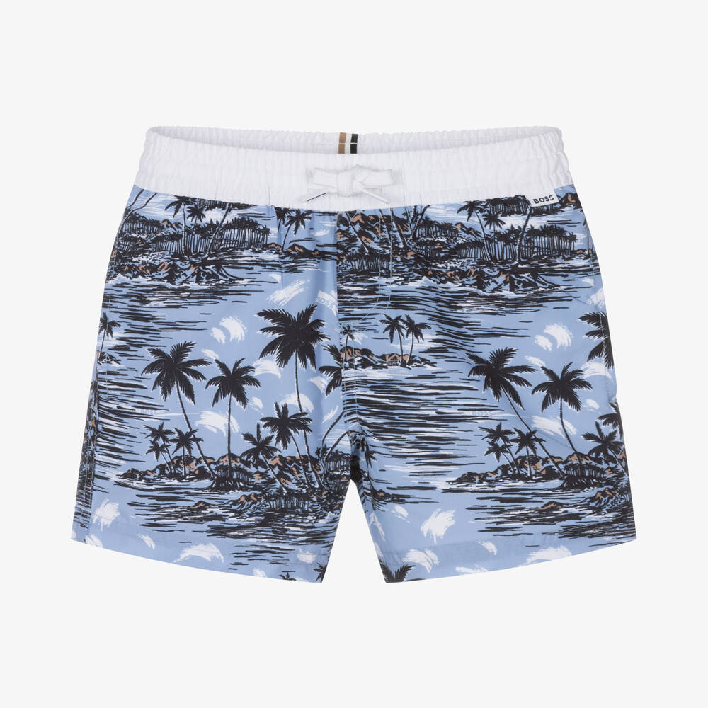 BOSS - Boys Blue Tropical Print Swim Shorts | Childrensalon