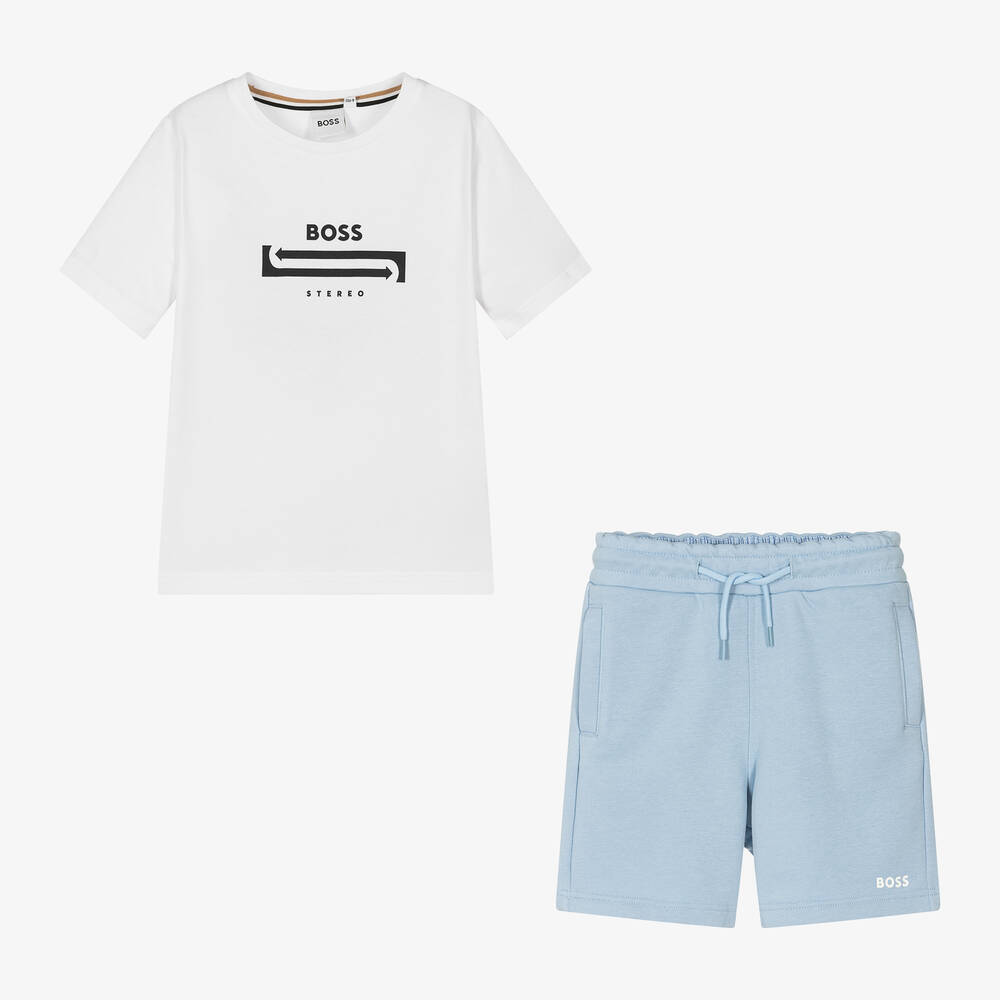 BOSS-Boys Blue & White Cotton Shorts Set | Childrensalon Outlet