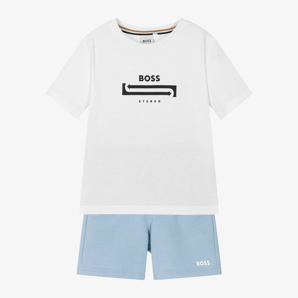 BOSS-Boys Blue & White Cotton Shorts Set | Childrensalon Outlet