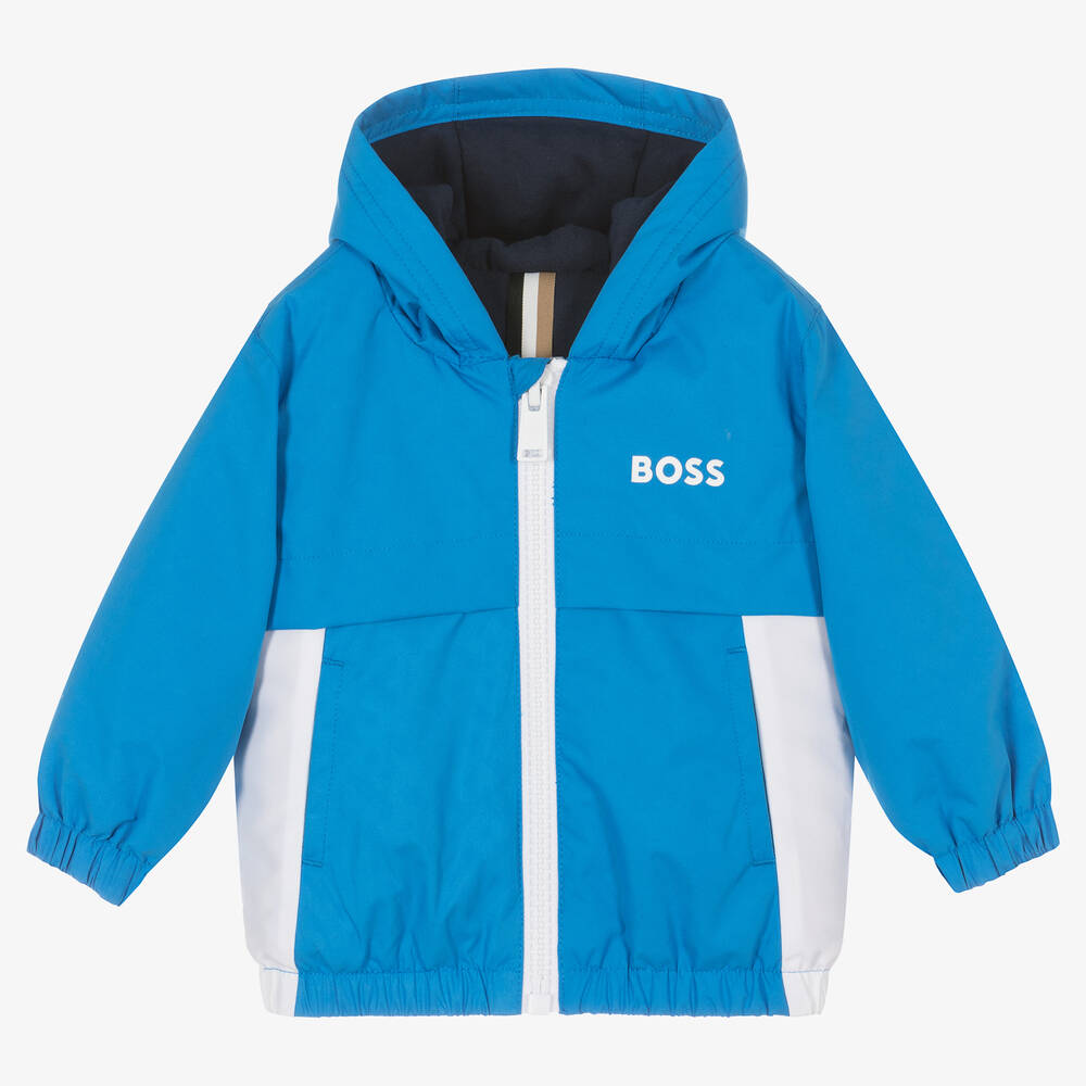 BOSS - Boys Blue & White Hooded Coat | Childrensalon