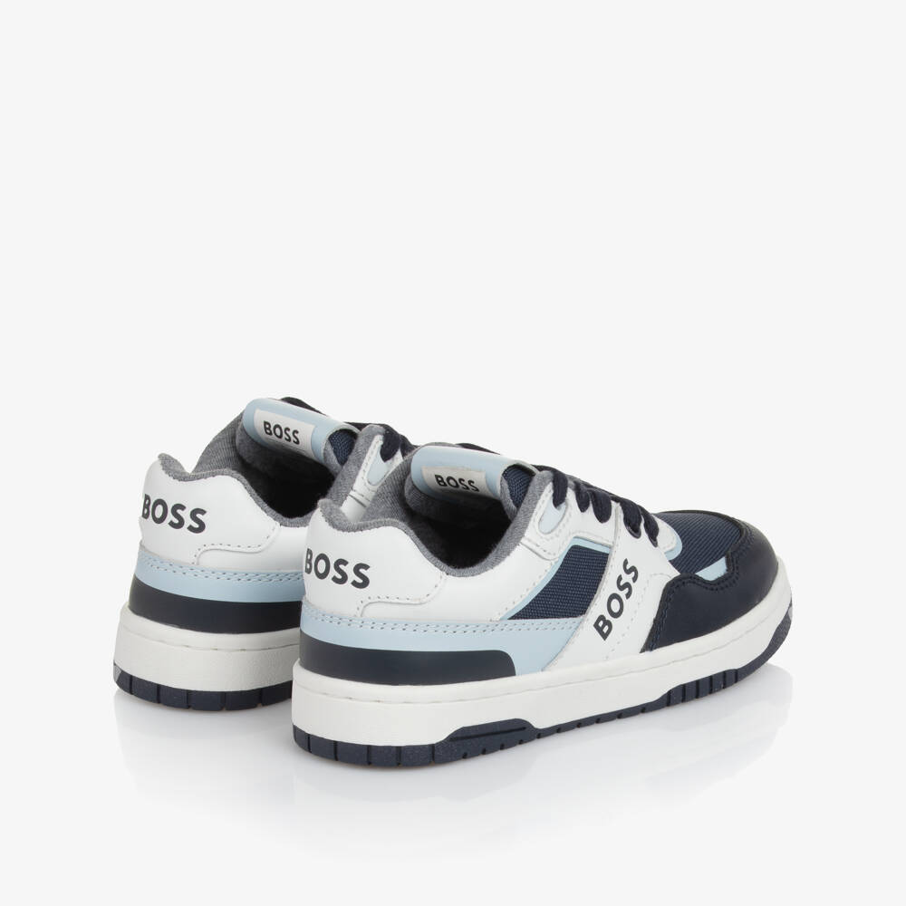 BOSS-Boys Blue & White Leather & Canvas Trainers | Childrensalon Outlet