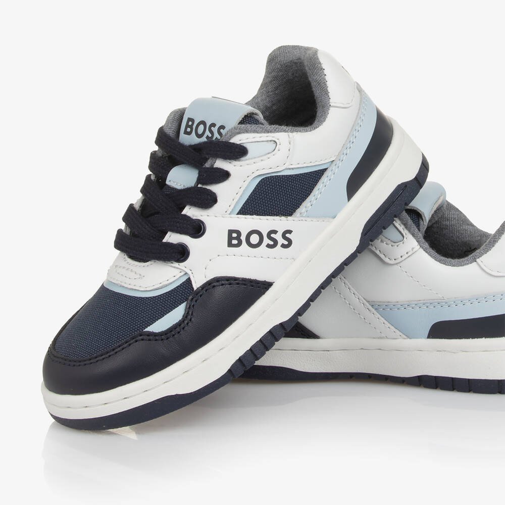BOSS-Boys Blue & White Leather & Canvas Trainers | Childrensalon Outlet