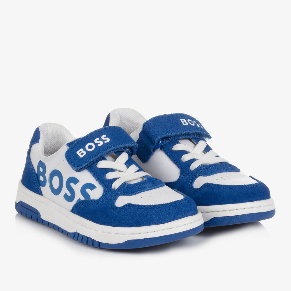 BOSS - Boys Blue & White Velcro Trainers | Childrensalon