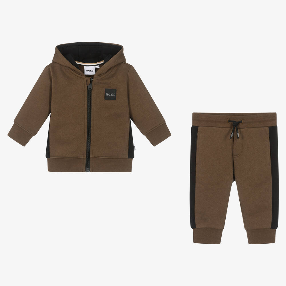 BOSS-Boys Brown Jersey Tracksuit | Childrensalon Outlet