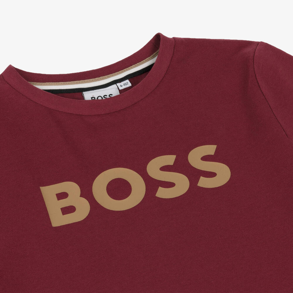 BOSS-Boys Burgundy Red Cotton T-Shirt | Childrensalon Outlet