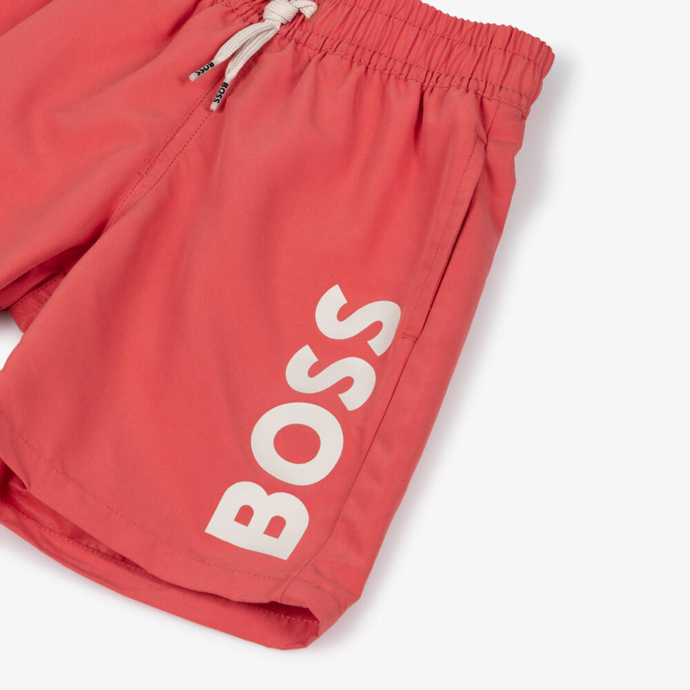 BOSS-Boys Classic Red Swim Shorts with White Logo Print | Childrensalon Outlet