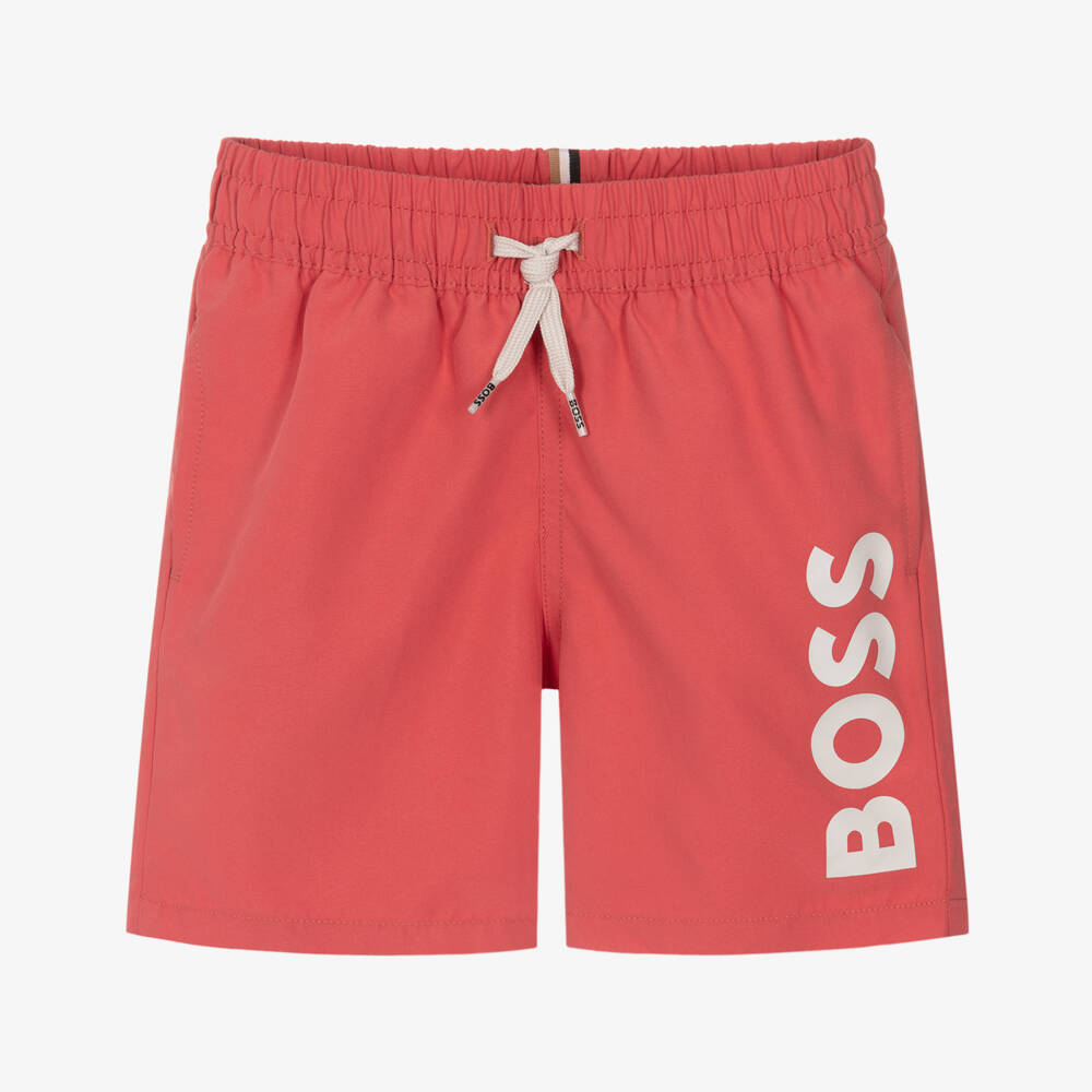 BOSS-Boys Classic Red Swim Shorts with White Logo Print | Childrensalon Outlet