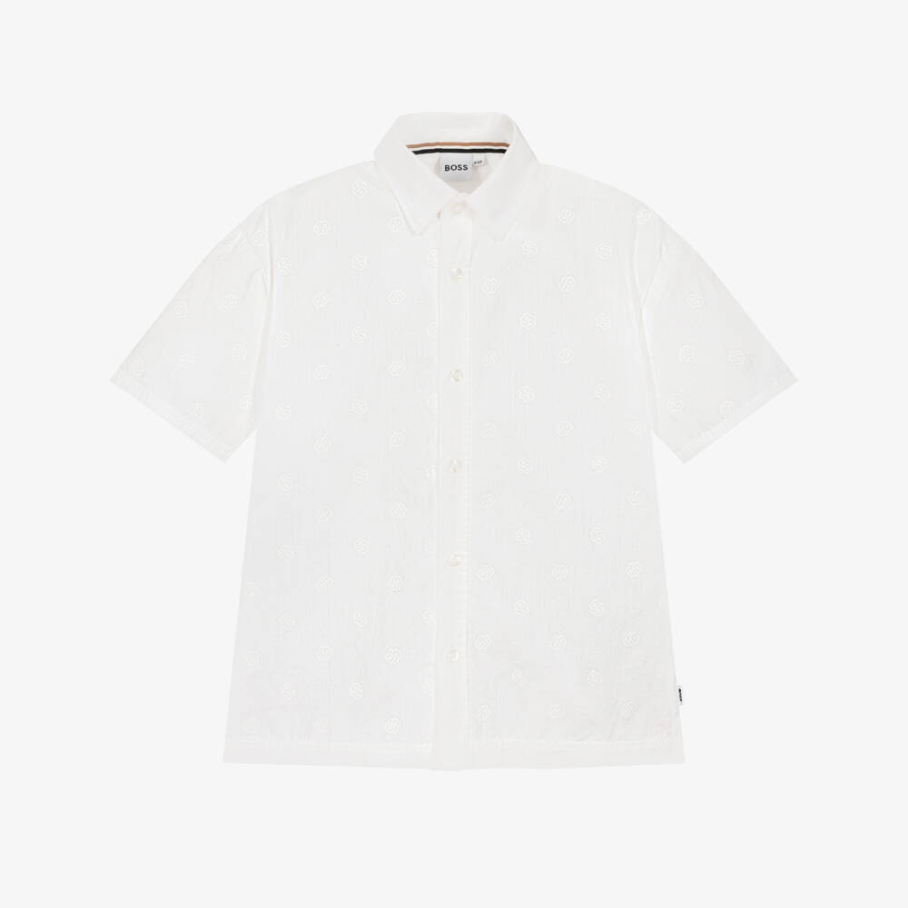 BOSS-Boys Classic White Patterned Shirt | Childrensalon Outlet