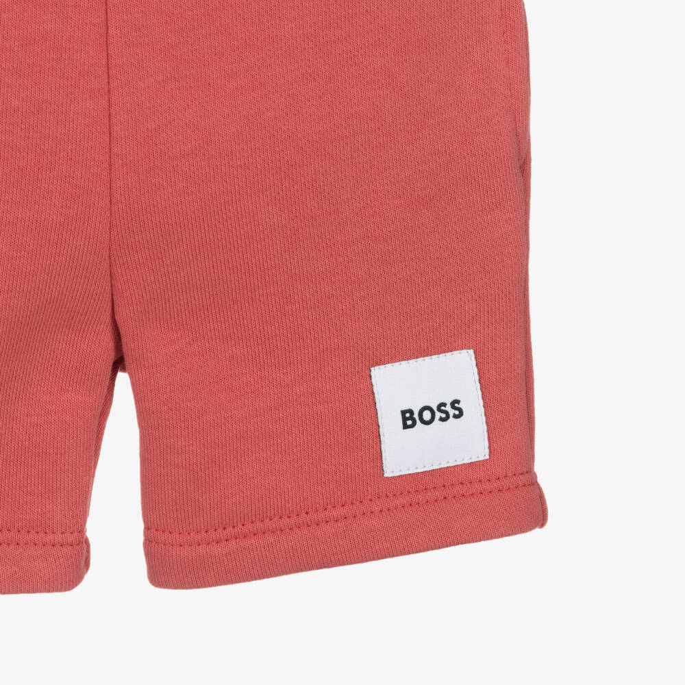 BOSS-Boys Coral Red Cotton Jersey Shorts | Childrensalon Outlet
