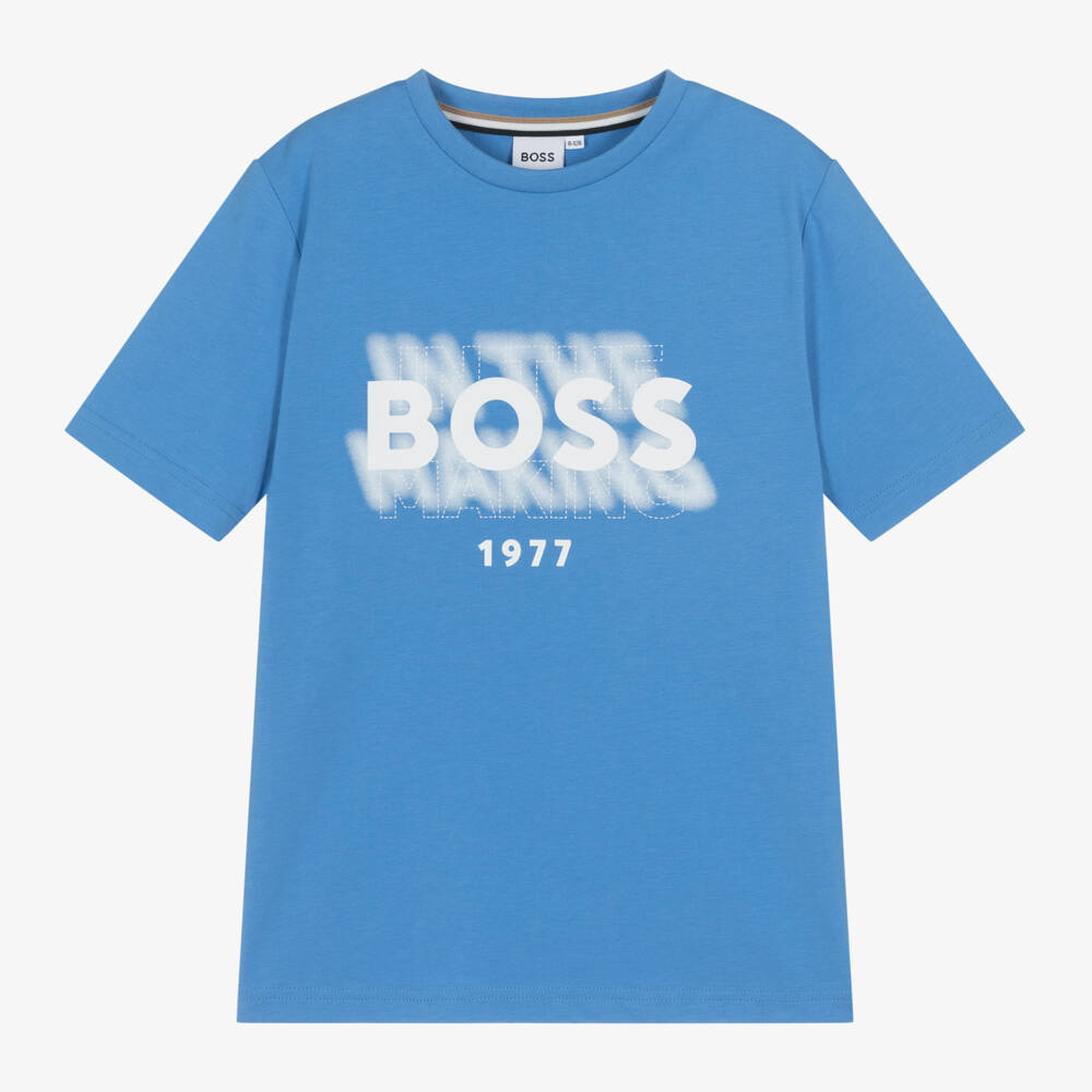 BOSS-تيشيرت قطني أزرق بشعار للأولاد | Childrensalon Outlet
