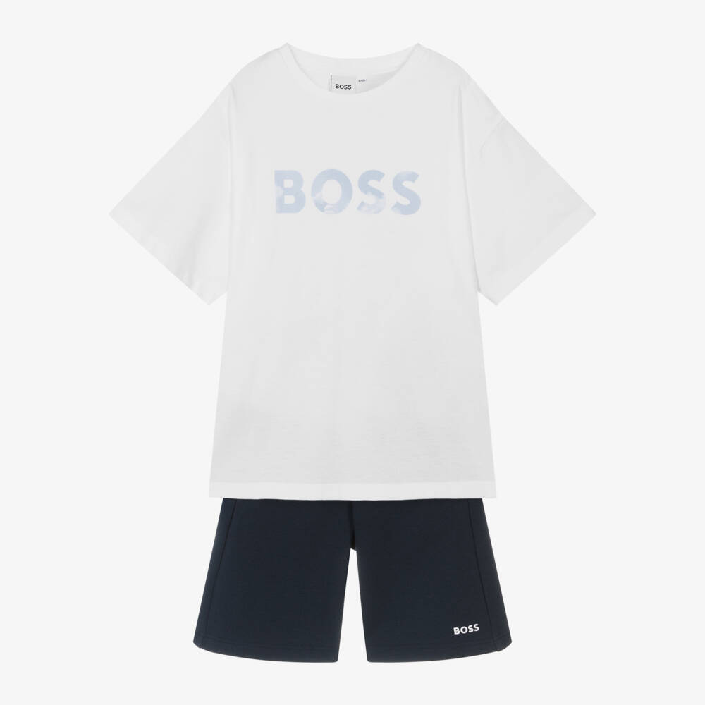 BOSS-Хлопковый синий и белый ансамбль для мальчиков | Childrensalon Outlet