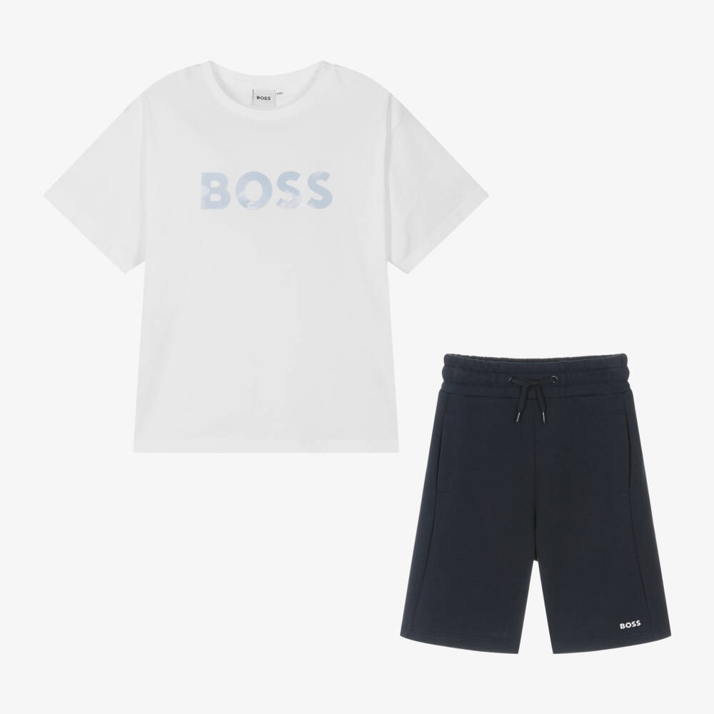 BOSS-Boys Cotton Blue & White Ensemble | Childrensalon Outlet