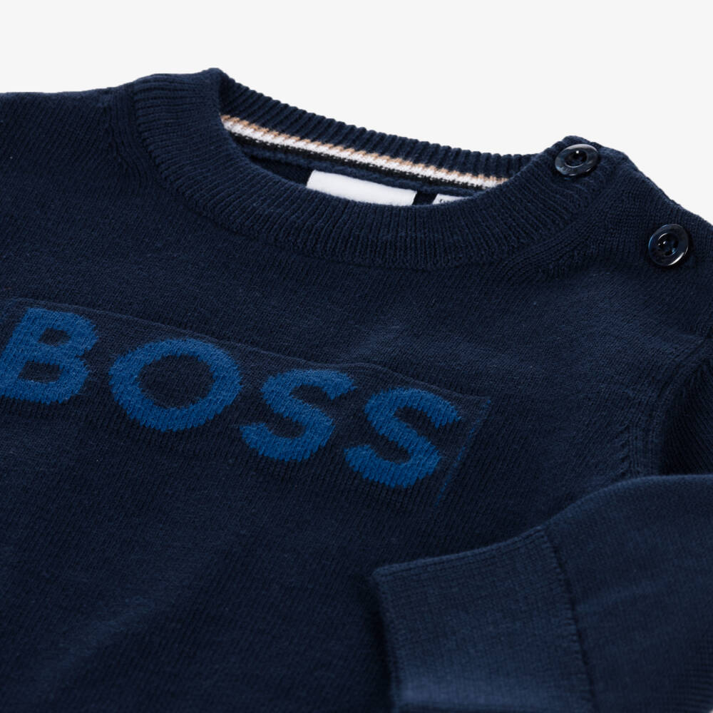 BOSS-Boys Cotton Knit Navy Jumper | Childrensalon Outlet