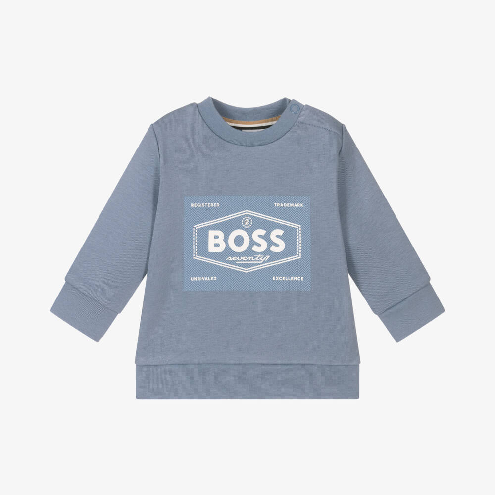 BOSS-Boys Cotton Logo Blue Sweatshirt | Childrensalon Outlet