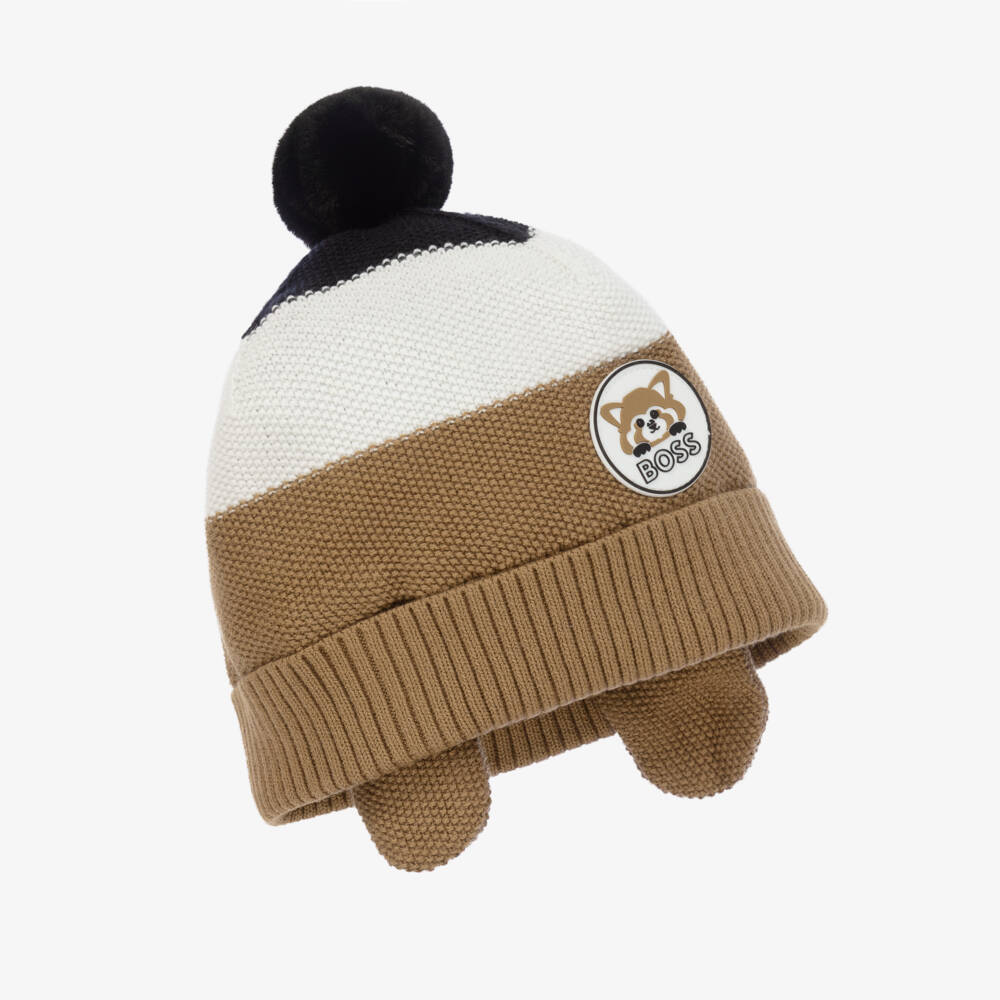 BOSS-Boys Cozy Beige Striped Bobble Hat | Childrensalon Outlet