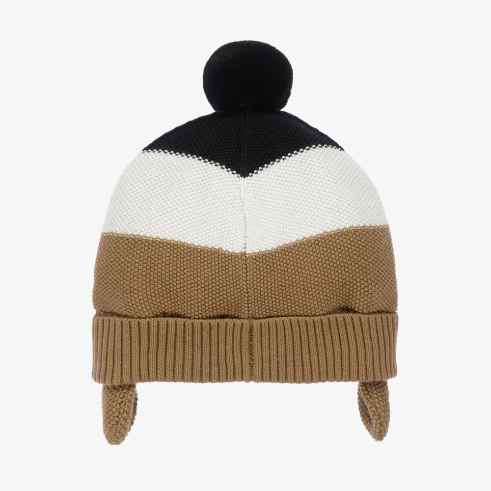 BOSS-Boys Cozy Beige Striped Bobble Hat | Childrensalon Outlet