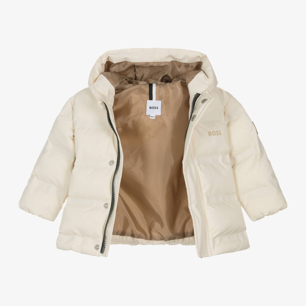 BOSS-Boys Cream Hooded Down Jacket | Childrensalon Outlet