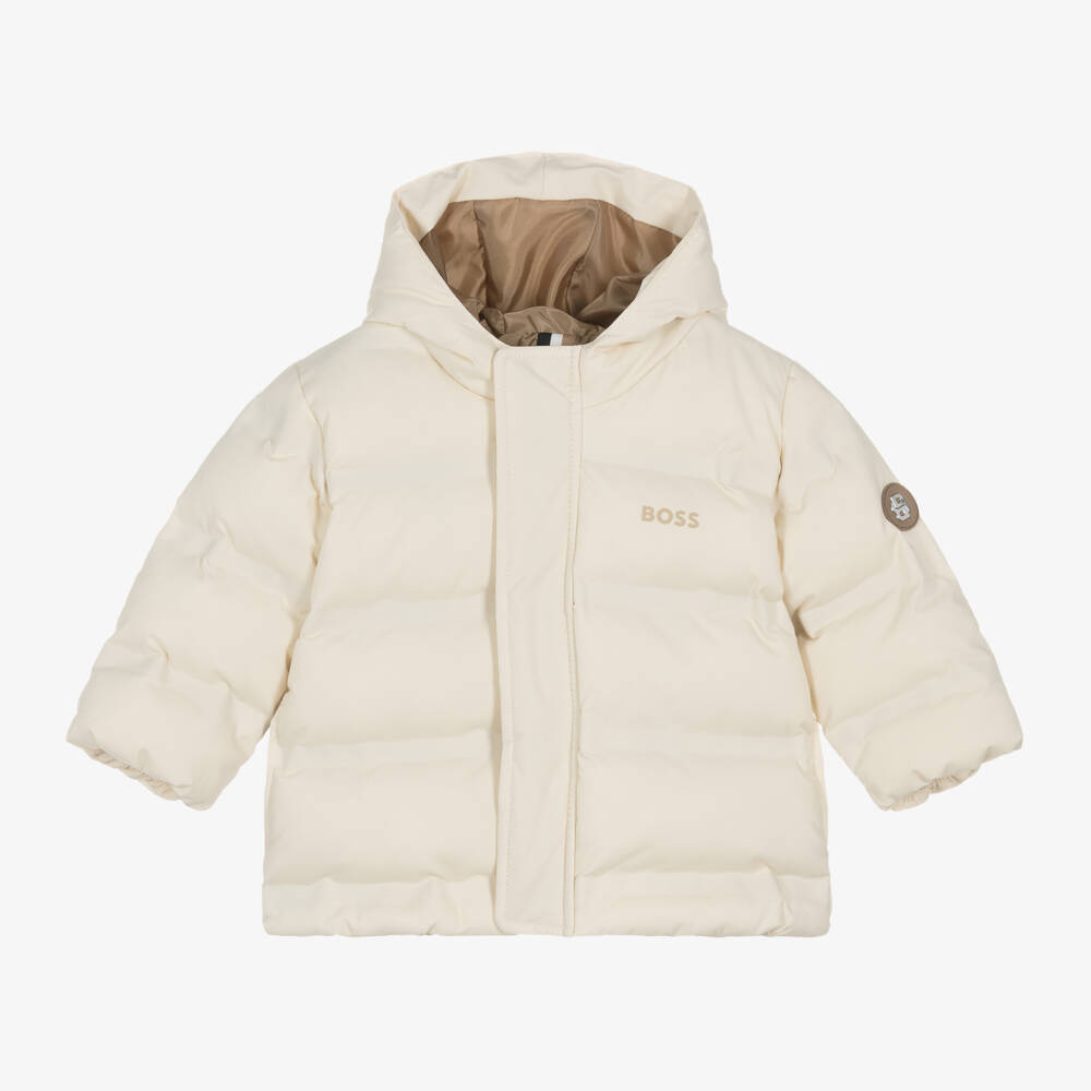 BOSS-Boys Cream Hooded Down Jacket | Childrensalon Outlet