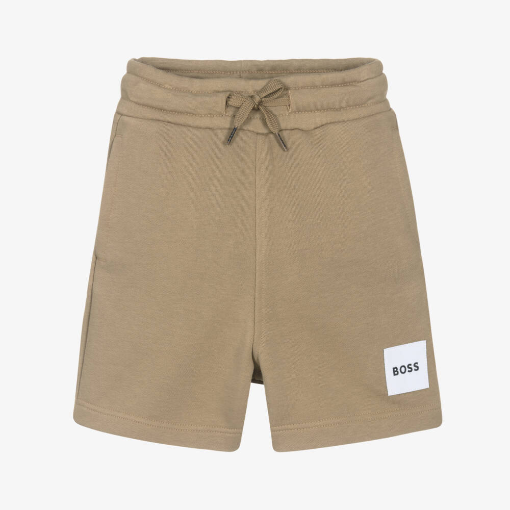 BOSS-Boys Dark Beige Cotton Jersey Shorts with Patch Logo | Childrensalon Outlet