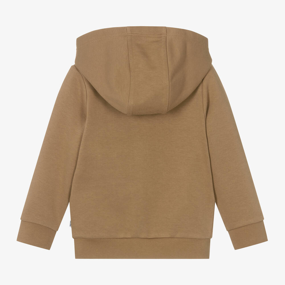 BOSS Boys Dark Beige Cotton Zip Up Hoodie