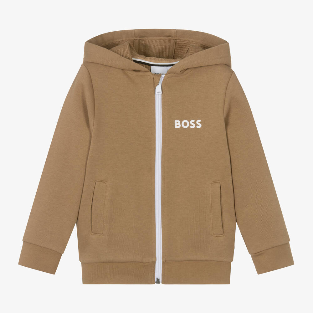 Boys Dark Beige Cotton Zip Up Hoodie