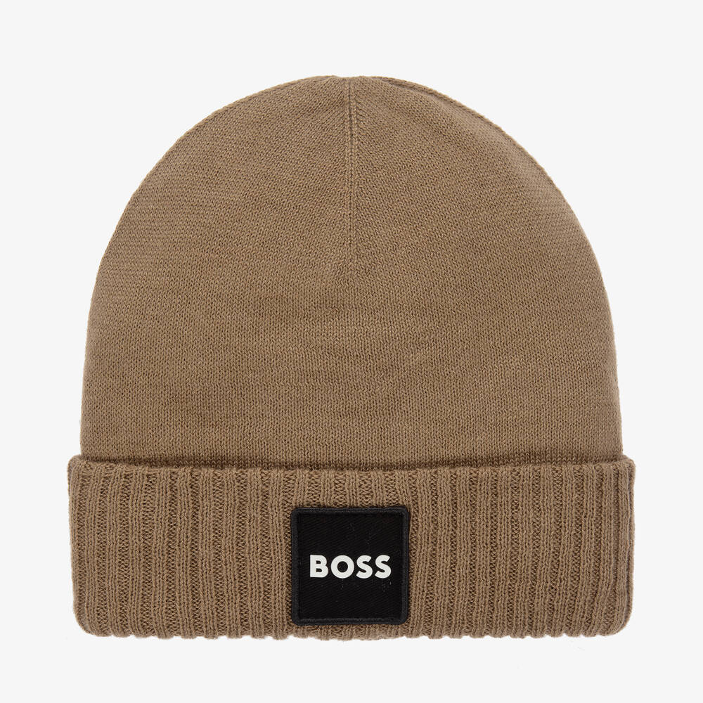 BOSS - Boys Dark Beige Knitted Beanie Hat | Childrensalon