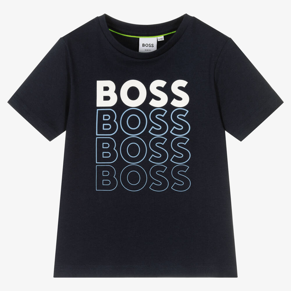BOSS - Boys Dark Blue Gradient Logo Cotton T-Shirt | Childrensalon