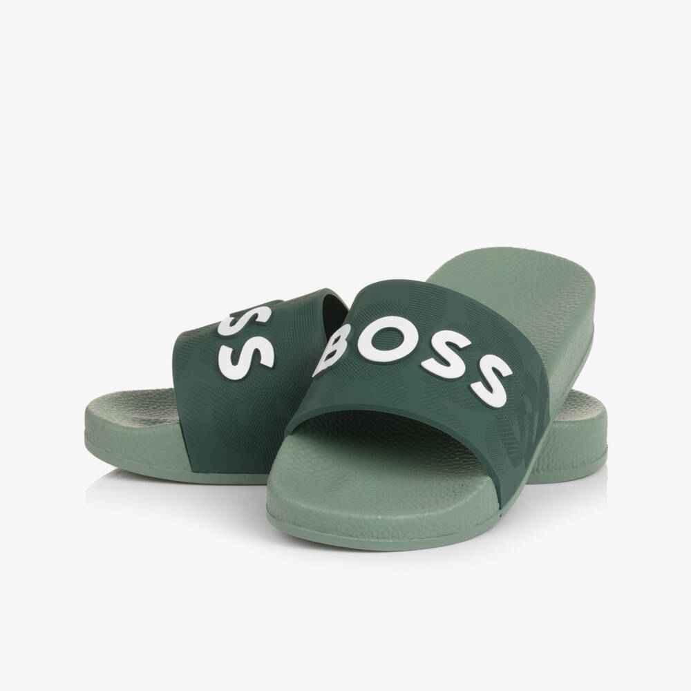 BOSS-Boys Dark Green Sliders with White Logo | Childrensalon Outlet