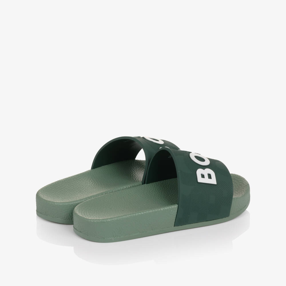 BOSS-Boys Dark Green Sliders with White Logo | Childrensalon Outlet
