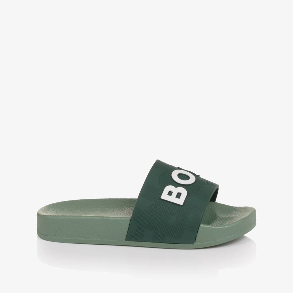 BOSS-Boys Dark Green Sliders with White Logo | Childrensalon Outlet