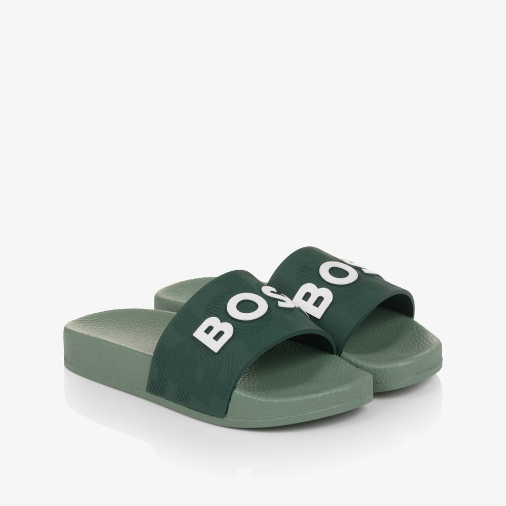 BOSS-Boys Dark Green Sliders with White Logo | Childrensalon Outlet