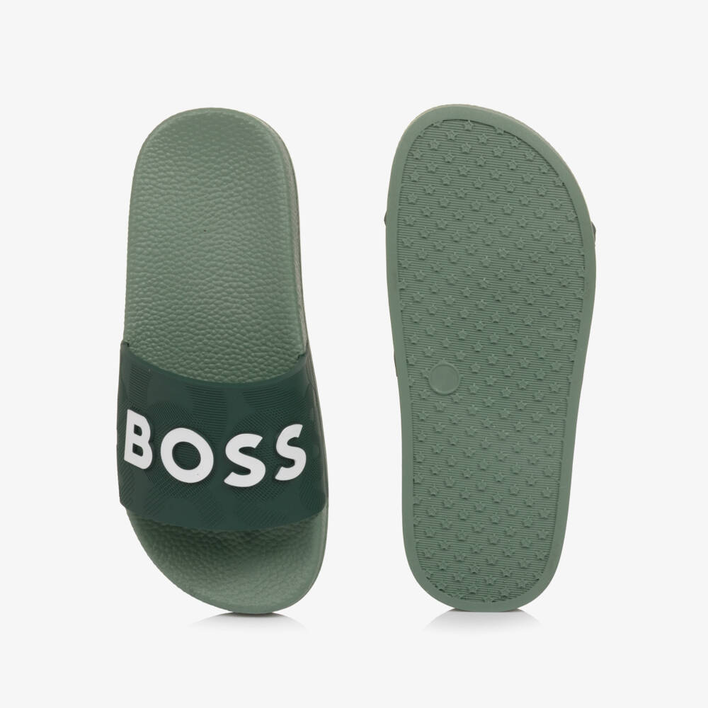 BOSS-Boys Dark Green Sliders with White Logo | Childrensalon Outlet