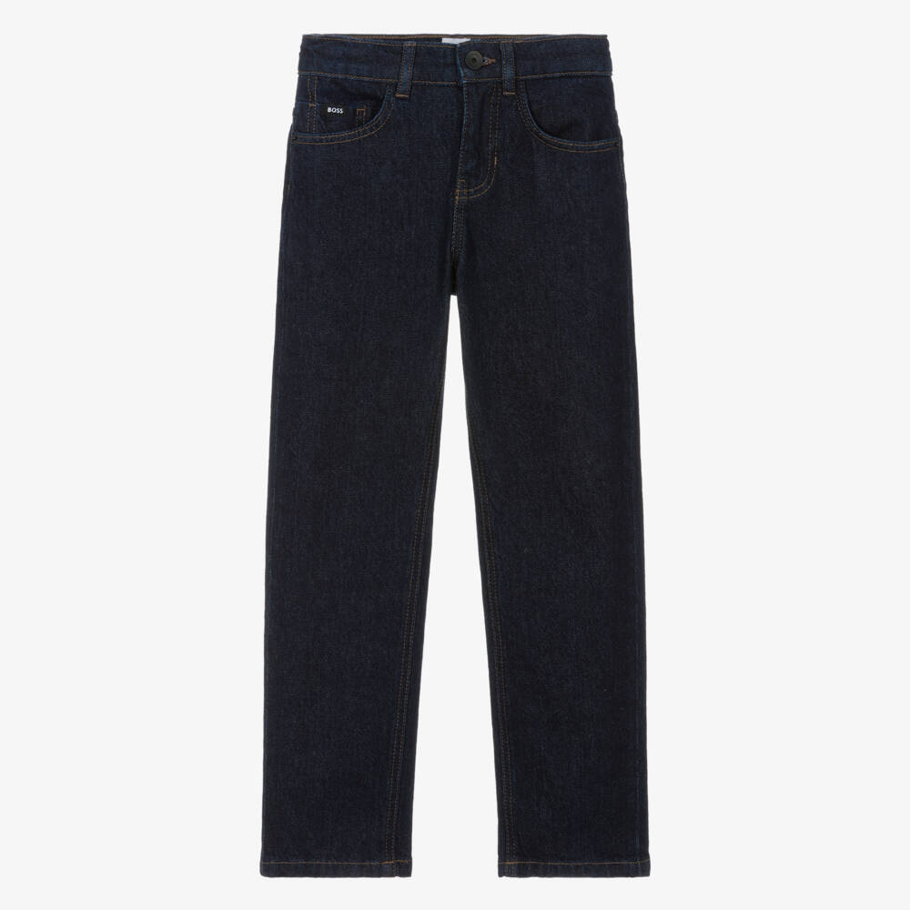 BOSS-Boys Dark Wash Blue Denim Regular Fit Jeans with Logo Patch | Childrensalon Outlet