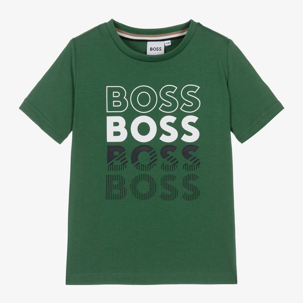 BOSS-تيشيرت قطن جيرسي لون أخضر غامق للأولاد | Childrensalon Outlet