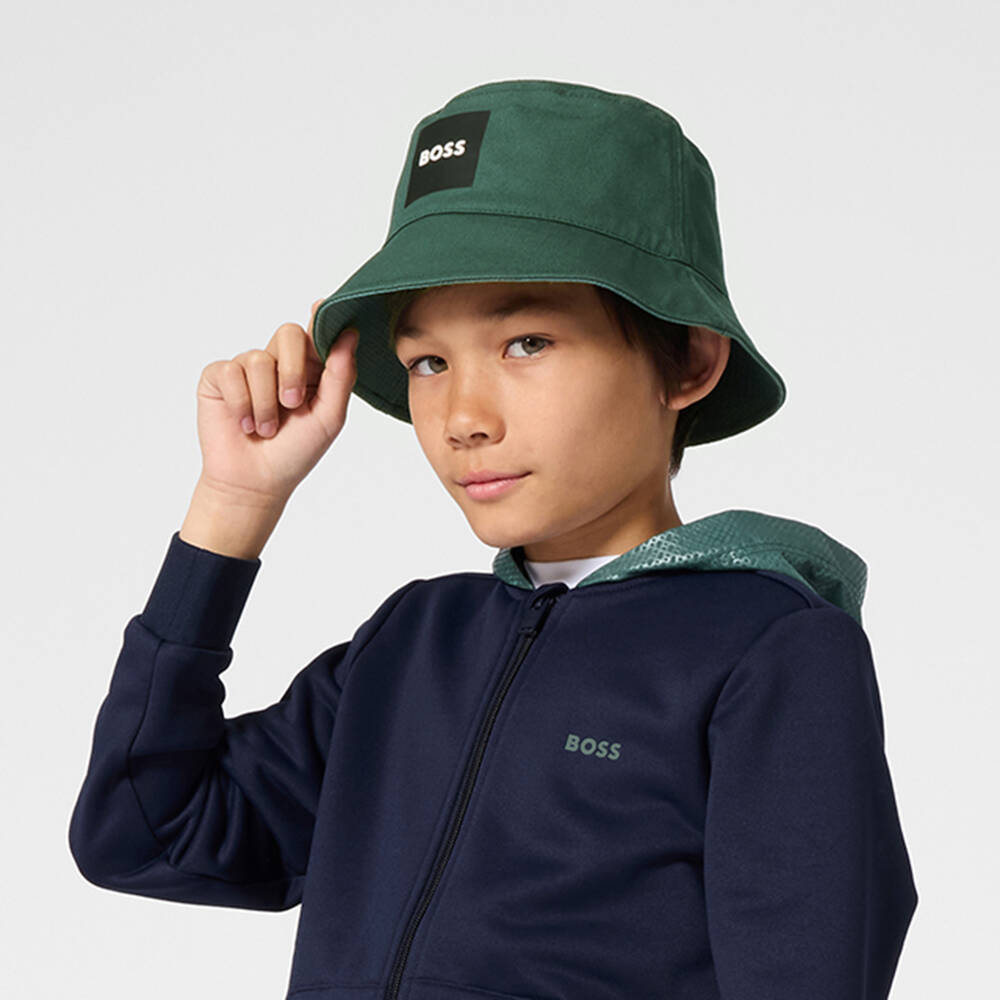 BOSS-Boys Forest Green Reversible Bucket Hat | Childrensalon Outlet