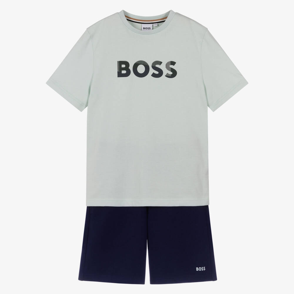 BOSS-Boys Green & Navy Blue Jersey Shorts Set | Childrensalon Outlet
