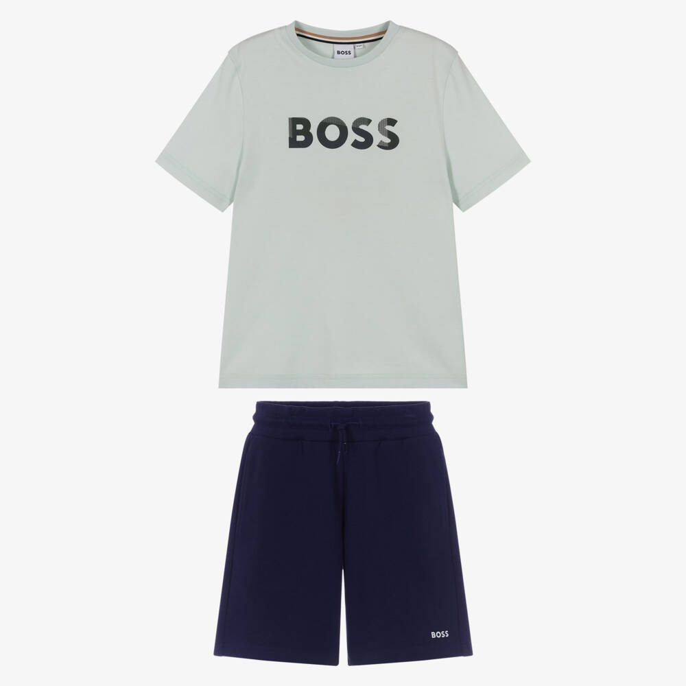 BOSS-Boys Green & Navy Blue Jersey Shorts Set | Childrensalon Outlet