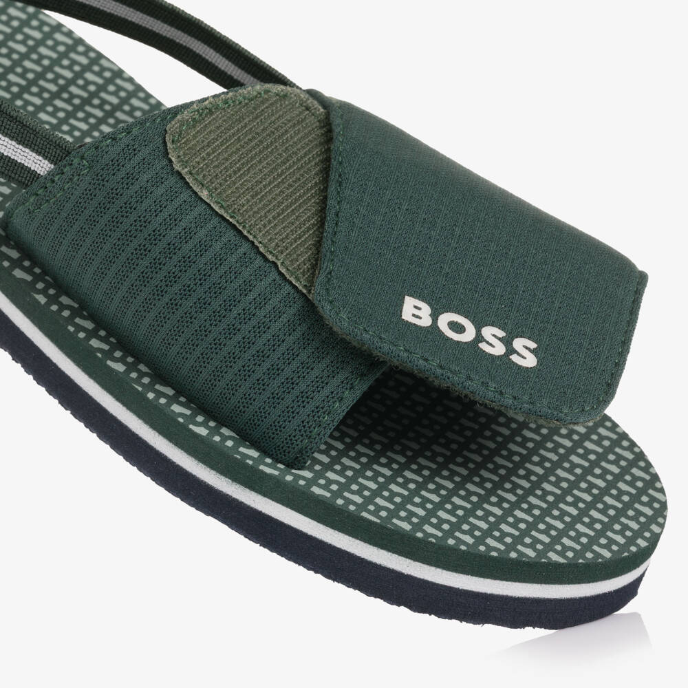 BOSS-Boys Green Wide Velcro Strap Logo Sandals | Childrensalon Outlet