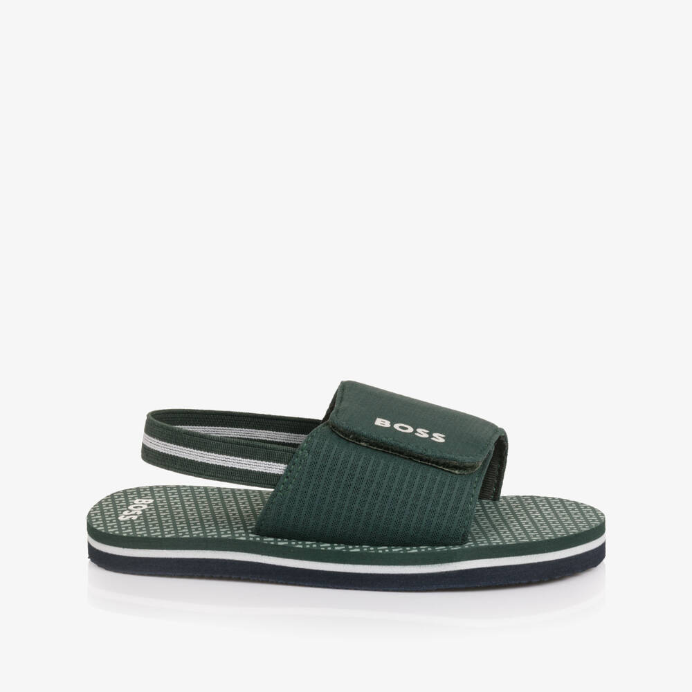 BOSS-Boys Green Wide Velcro Strap Logo Sandals | Childrensalon Outlet