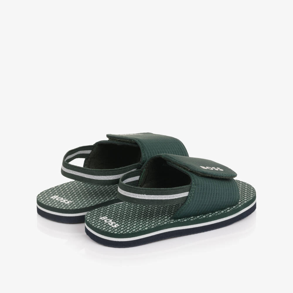BOSS-Boys Green Wide Velcro Strap Logo Sandals | Childrensalon Outlet