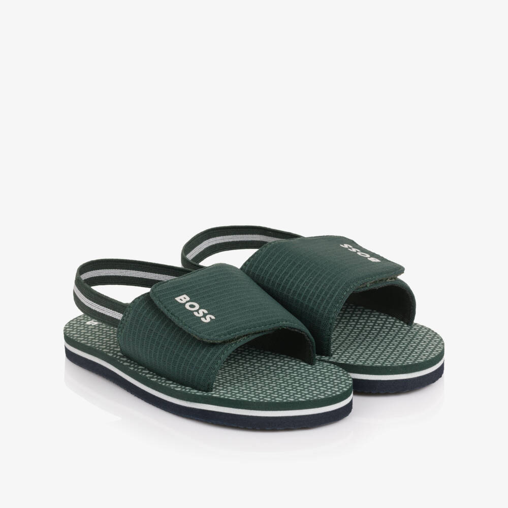 BOSS-Boys Green Wide Velcro Strap Logo Sandals | Childrensalon Outlet