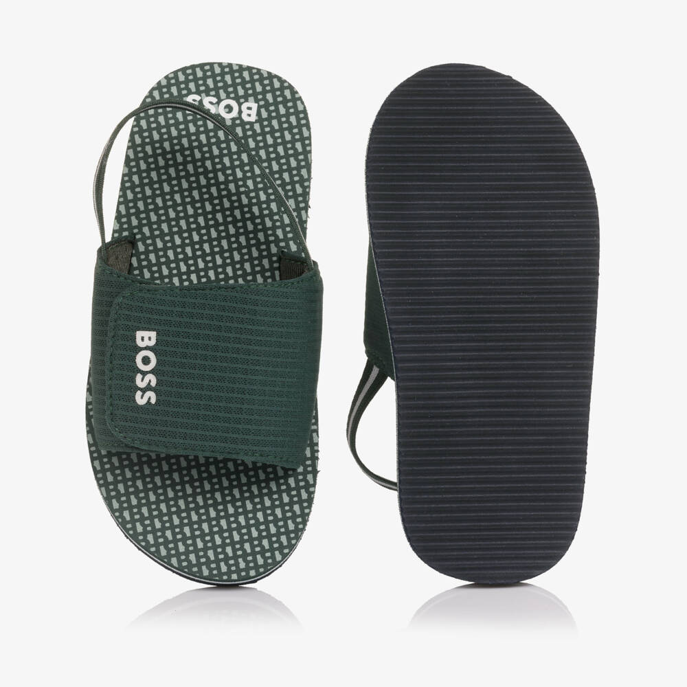 BOSS-Boys Green Wide Velcro Strap Logo Sandals | Childrensalon Outlet