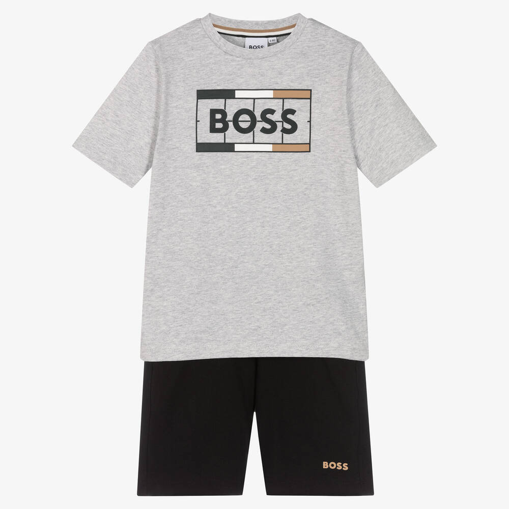 BOSS - Серая футболка и черные шорты из хлопка  | Childrensalon