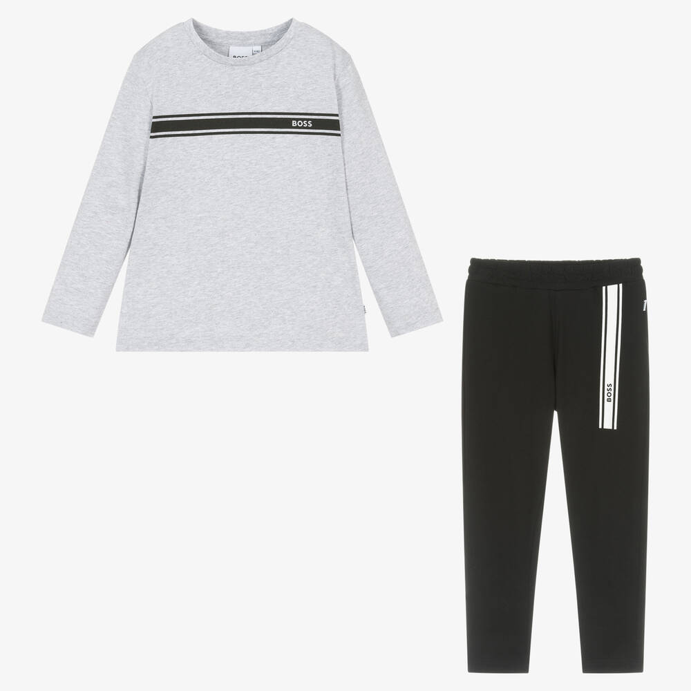 BOSS-Boys Grey & Black Cotton Pyjamas | Childrensalon Outlet